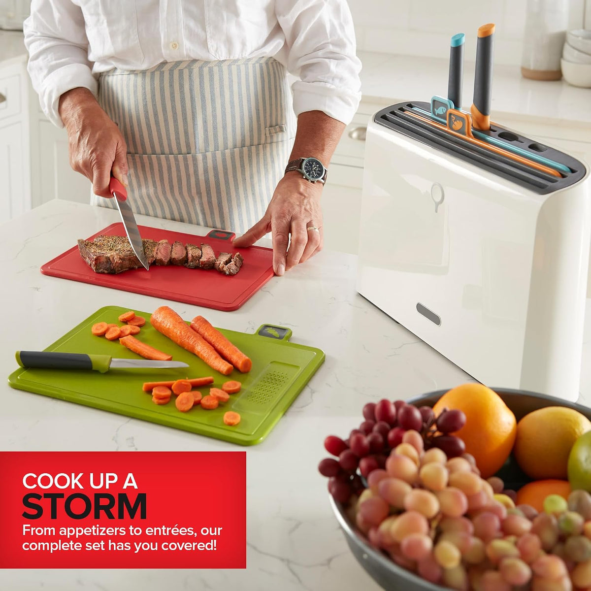 Color‑Coded Cutting Board & Knife Set, Detachable Washable Storage Holder, All‑in‑One Kitchen Prep Cutting Boards with Knives for Home Cooking