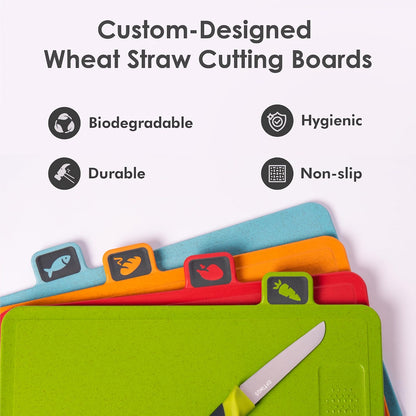 Color‑Coded Cutting Board & Knife Set, Detachable Washable Storage Holder, All‑in‑One Kitchen Prep Cutting Boards with Knives for Home Cooking