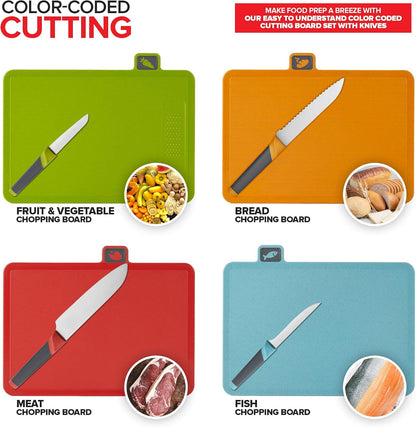 Color‑Coded Cutting Board & Knife Set, Detachable Washable Storage Holder, All‑in‑One Kitchen Prep Cutting Boards with Knives for Home Cooking