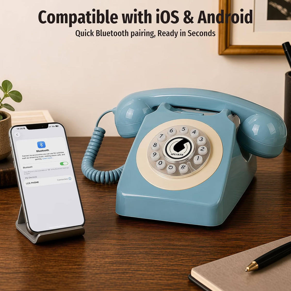 Retro Bluetooth Home Phone with Handset & Speakerphone – Classic Desk Telephone with USB Rechargeable Battery