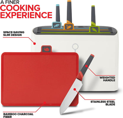 Color‑Coded Cutting Board & Knife Set, Detachable Washable Storage Holder, All‑in‑One Kitchen Prep Cutting Boards with Knives for Home Cooking