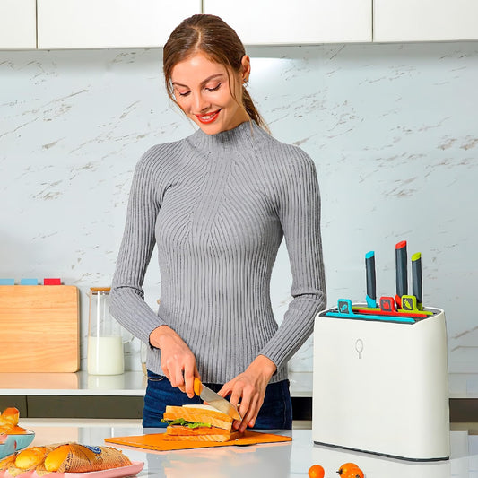 Color‑Coded Cutting Board & Knife Set, Detachable Washable Storage Holder, All‑in‑One Kitchen Prep Cutting Boards with Knives for Home Cooking